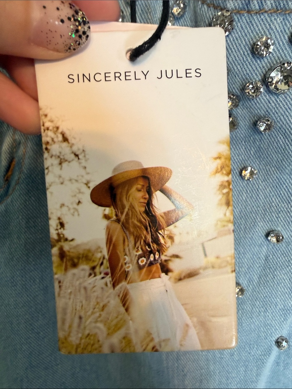 Sincerely Jules Rhinestone Embellished Wide Leg Jeans Light Wash Blue NWT 11/29 - Picture 3 of 7